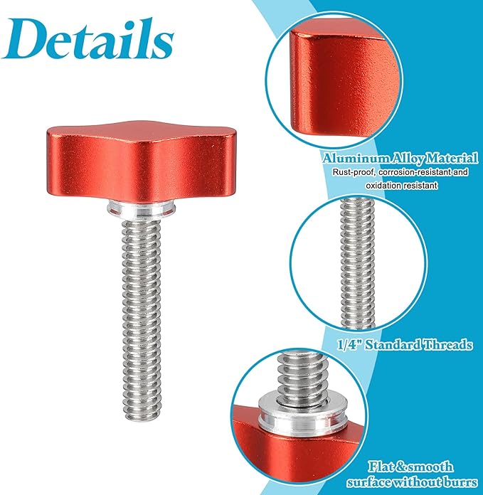 PATIKIL Clamping Screw Knob 1/4" x 1.89", 2Pcs Aluminum Alloy t Shaped Camera Thumb Screws for DSLR Flash Bracket Photography Light Stand Adapter Action Sports Camera Mounting System, Red