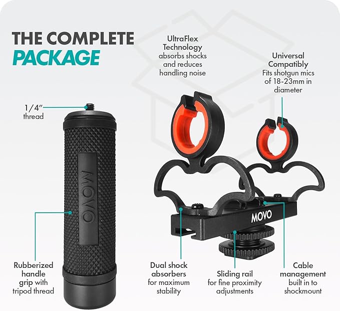 Movo SM6H Ultraflex Premium Shockmount for Shotgun Microphones with Grip Handle – Compatible with Rode NTG Series, Sennheiser MKE600, Audio-Technica AT875R, and More