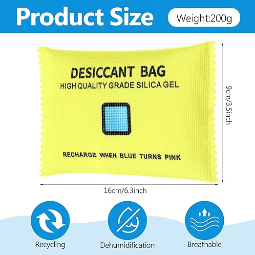 10 Packs 200g Rechargeable Silica Gel Desiccant Moisture Absorbing Bag for Storage Bin Indicating Silica Gel Desiccant Packet Reusable Dehumidifier Bag for Home Closet Car(6 x 3.5 Inches)