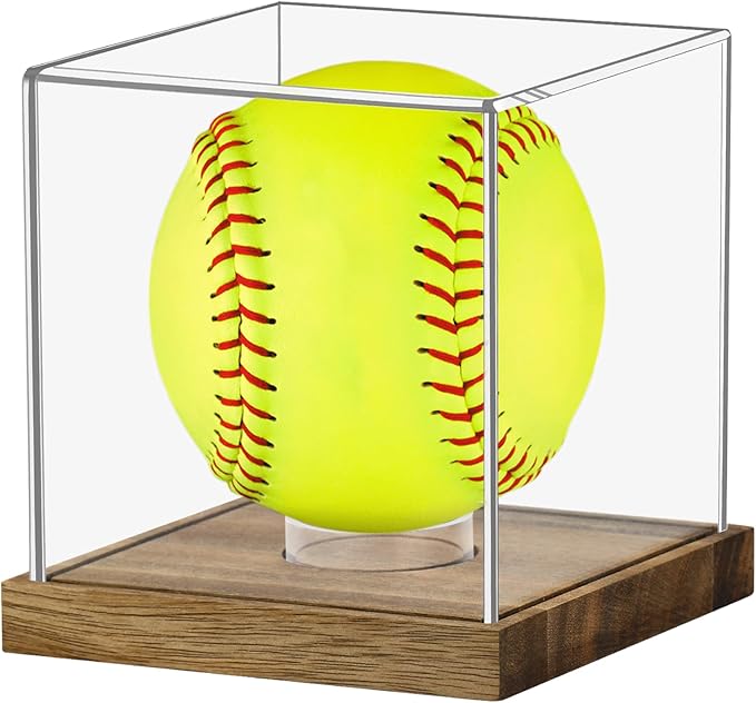 Clear Acrylic Softball Display Case with Wood Base, Memorabilia Stand Cube Holder, Dust Protection Transparent Storage Box for Single Ball Souvenir Softball Collections