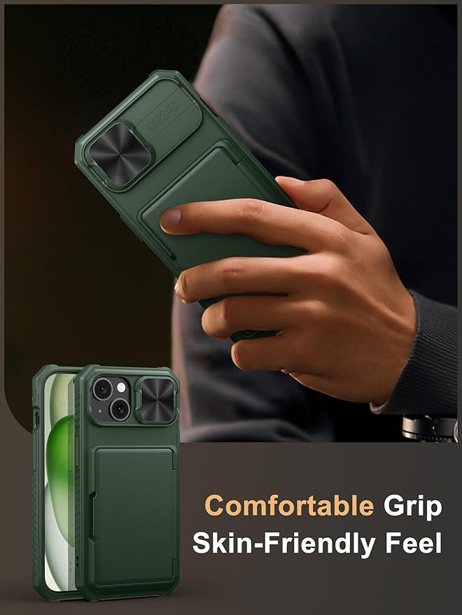Vihibii for iPhone 15/14/13 Wallet Case, Built-in Card Holder (4 Cards), RFID Blocking & Slide Camera Cover, Military Grade Drop Protection, TPU Soft Edge Phone Case, Green