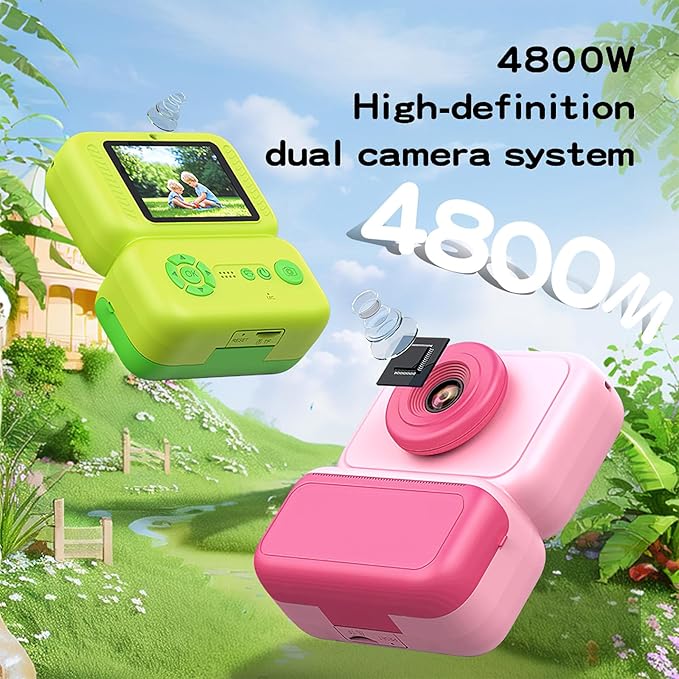 Kids Camera Instant Print, Instant Camera with 4 Roller Photo Paper & 32GB Card, 1080P Dual-Lens Digital Camera for Kids, Boys and Girls Toys Gifts for Teenage Girls Kids Toys for Ages 8-13 (Green)