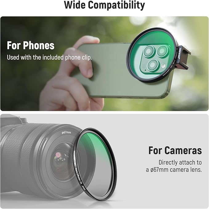 NEEWER 67mm 1/4 Black Diffusion Filter & Cold Shoe Phone Clip, Pouch & Lens Cleaning Cloth, Compatible with iPhone 17 16 16e 15 Pro Max Android Samsung Galaxy S25 Ultra