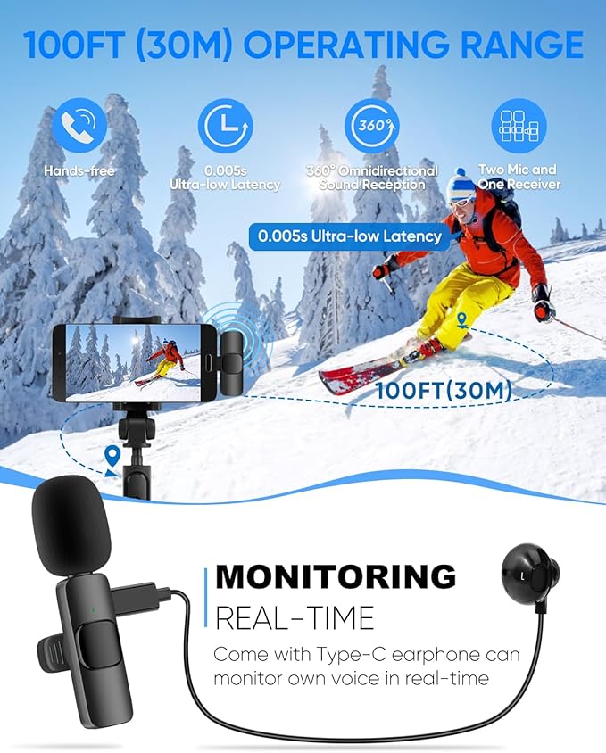 Wireless Lavalier Microphone for iPhone/Android Phone/Laptop, IUMAKEVP Plug-Play Clip on Lapel Mic with Auto Noise Reduction for Video Recording, Live Broadcast, Interview, TikTok, YouTube (2 Mics)