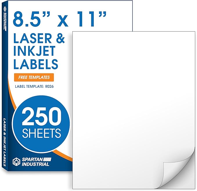 8.5" X 11" Matte White Full Sheet Labels (250 Sheets, 250 Stickers) Printable Sticker Paper for Laser & Inkjet Printers - Spartan Industrial Template R026