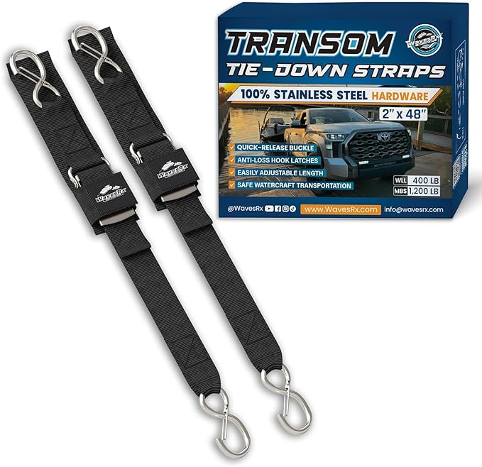 WavesRx Premium Boat & Jet Ski Trailer Transom Straps - Marine Tie Downs - Adjustable via Quick Release Buckle - Must Have Boating Accessories for Safe and Secure Transportation of Your Watercraft
