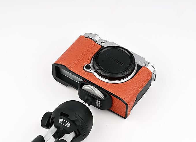 Uchandmade Handmade Genuine Leather Camera Half Case for Fujifilm X-M5/Fujifilm X-M5 Camera Case/Fujifilm X-M5 Case - Top Layer Cowhide Body + Metal Base Plate (Orange1)