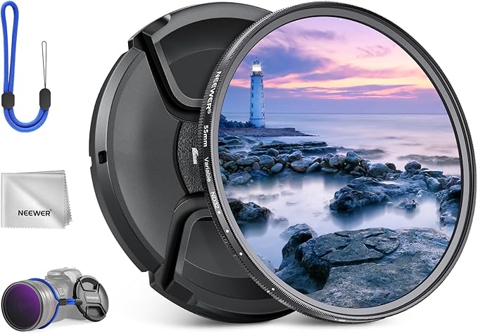 NEEWER 55mm Variable ND Filter with Lens Cap, Cleaning Cloth, ND2-32 (1-5 Stops) Precise Neutral Density Adjustment, Multicoated Optical Glass, Camera Photography Accessories
