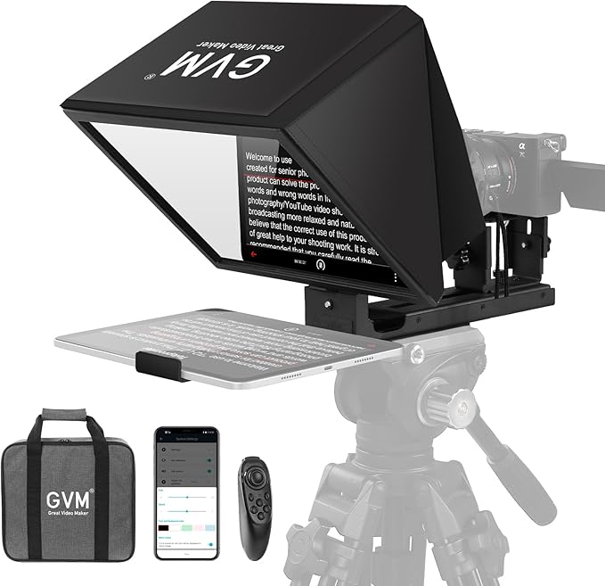 GVM 12" Teleprompter for iPad Tablet Phone DSLR Camera, Collapsible Teleprompter Kit with Installation Free Design, HD Refective Display, APP Remote Control, Carry Case, for Video Recording