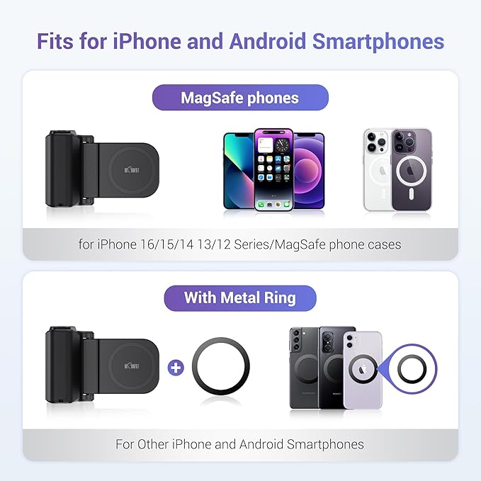 KIWIFOTOS Magnetic Phone Camera Grip for iPhone 17 Magsafe Handle with Bluetooth Remote & Tripod Mount Adapter for iPhone 16 15 Pro Max Samsung Smartphone Vlog Video Shooting