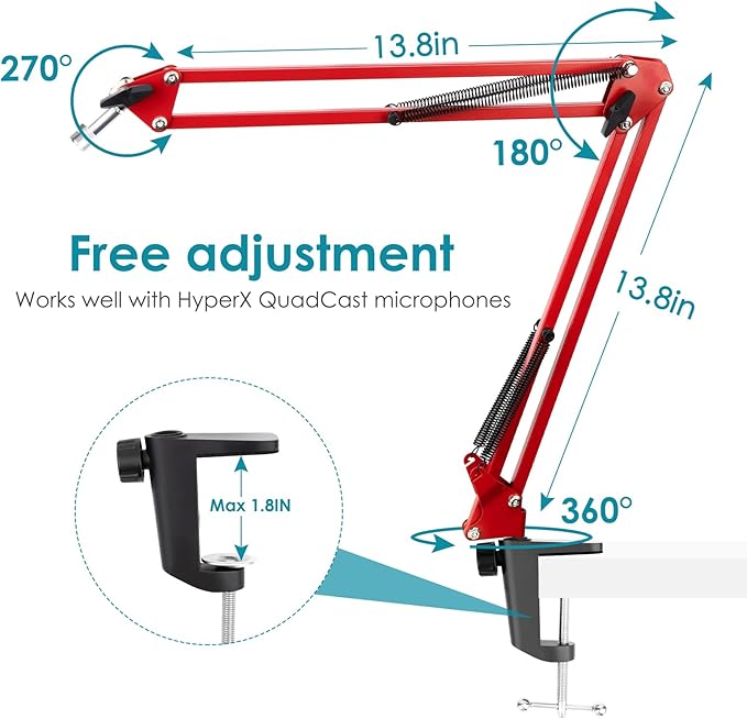 Red Mic Arm Compatible with HyperX QuadCast S - Premium QuadCast S Microphone Boom Arm for Gaming, Streaming by YOUSHARES