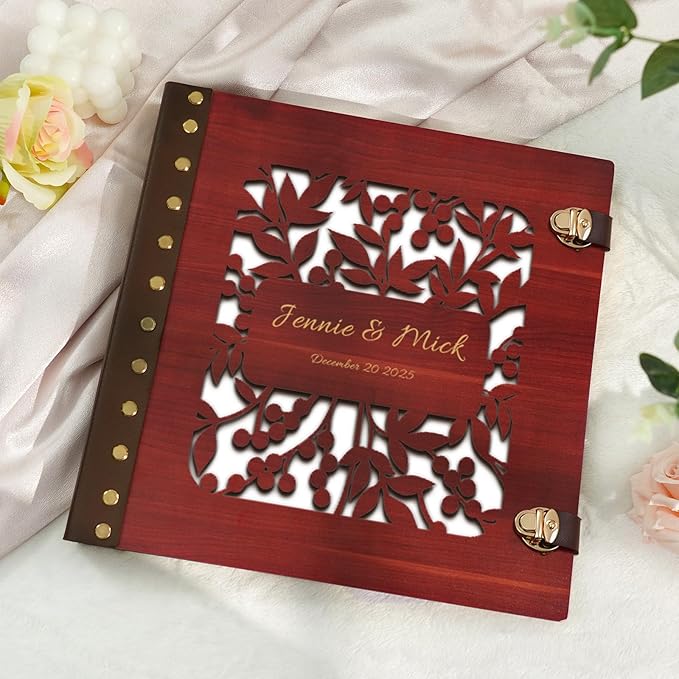 Custom Wedding Scrapbook Album, Personalized Wooden Wedding Photo Albums Hollow Carved Flowers and Engraved Names, Couples Scrapbook Anniversary Memory Birthday Engagement Keepsake Gifts