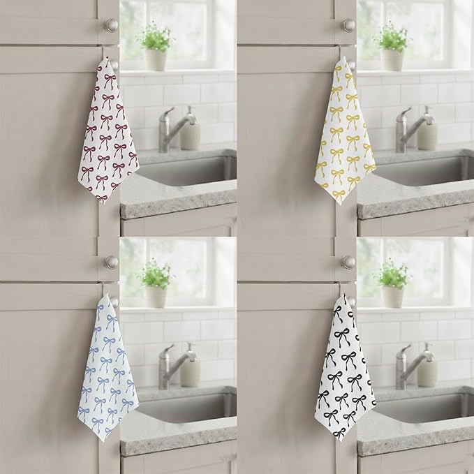 8-Pack Ultra-Fine Microfiber Kitchen Towels, 7-Inch Square with 8 Clips & Multiple Patterns – Soft, Absorbent, Reusable Cleaning Cloths (Bows)