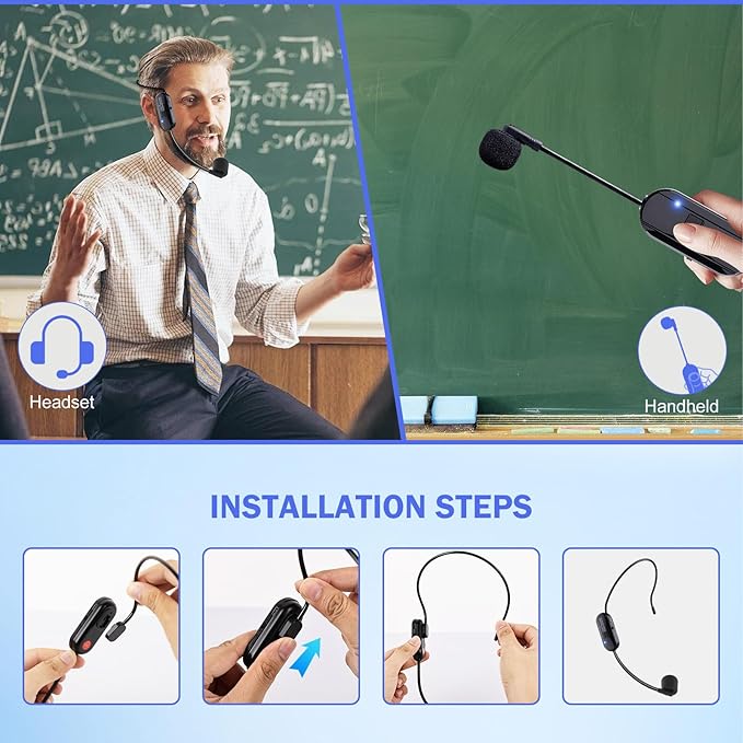 Wireless Microphone Headset Double Professional: Cordless Mic Head for Two People, Heads Handheld Mics 2 in 1- USB-C Rechargeable - 1/4'' and 1/8'' Plug for PA System, Voice Amplifier,Teaching,Fitness