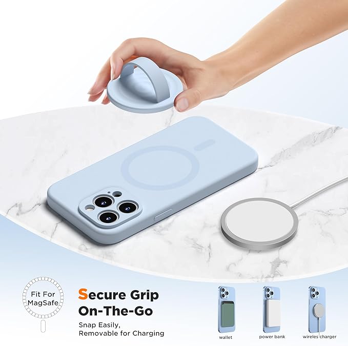 Upgraded Magnetic Phone Grip, Liquid Silicone Soft and Portable, Removable Finger Loop Ring Grip Holder for iPhone, Strong Magnetic Attraction, Compatible with MagSafe Phone Case, Baby Blue