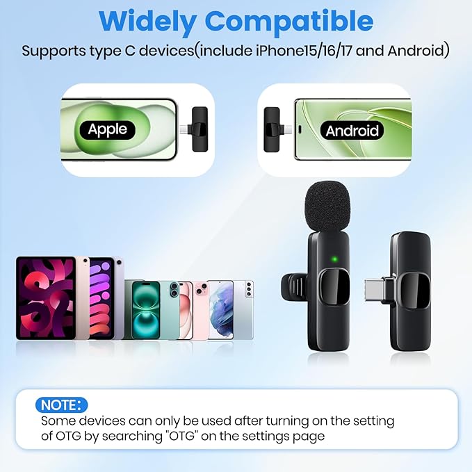 Wireless Lavalier Microphone for iPhone(15/16/17) / Android, Noise Reduction, USB-C Plug and Play Mini Lapel Mic Clip on Microphone Wireless, Ideal for Content Creator, Video Recording, Vlogging