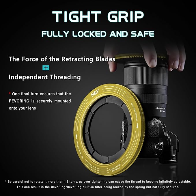 H&Y RevoRing Adjustable Step Up Ring 52-72mm to 77mm, Variable Lens Filter Adapter Ring, Universal Stepping System fits 52 55 58 62 67 72mm, Yellow