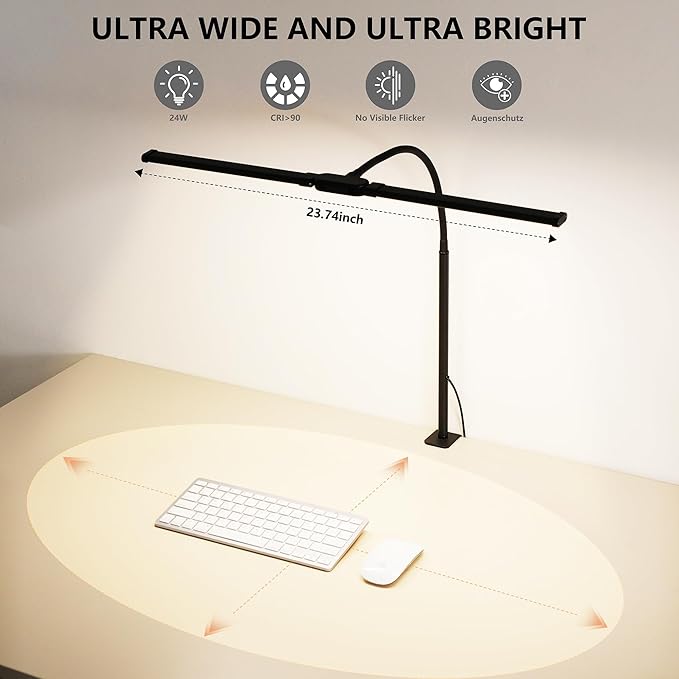 Dual-Head LED Desk Lamp for Office Home, Adjustable Flexible Eye-Caring Desk Light, 5 Modes 10 Brightness Adjustment, USB Adapter Desk Lamp with Clamp-ST-B