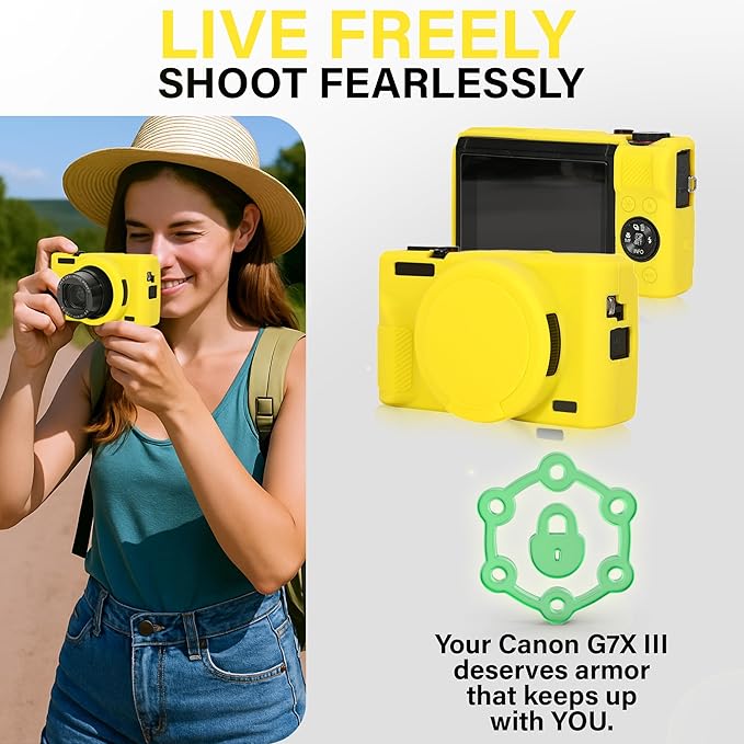 STSEETOP Camera Case for Canon PowerShot G7X Mark III - Protective Silicone DSLR Skin with Lens Cover, Detachable Cage, Shockproof, Dustproof (Yellow)