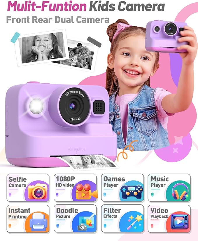 Kids Camera Instant Print, Dual-Lens Front Rear Selfie Camera for Kids, Christmas Birthday Gifts Toys for 3-12 Year Old Boys Girls, 2.4in Screen 1080P Kids Digital Cameras with 32G Card