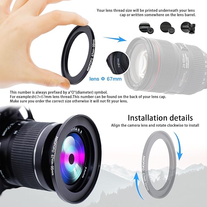 67mm Lens to 95mm Camera Filter Ring,Compatible with All 67mm Camera Lens & 95mm UV,ND,CPL Lens Hood Accessories,Made of CNC Machined Aluminum(67-95mm)
