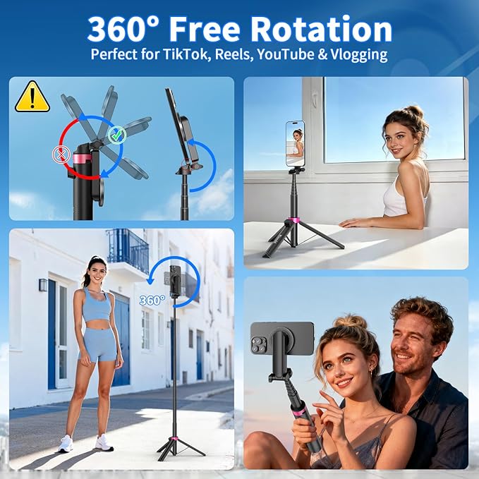 57" MagSafe Compatible Phone Tripod with Remote, Strong Magnetic Selfie Stick, Secure & Portable Tripod for iPhone Android, Travel Video Recording & Vlog (Black)