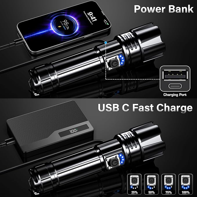 AKNEAR Rechargeable LED Flashlight 99000 High Lumens, Super Bright Flashlights with Zoomable & USB C Rechargeable & 5 Light Mode & IPX-7 Waterproof, Powerful Flash Light for Home, Hiking, Camping