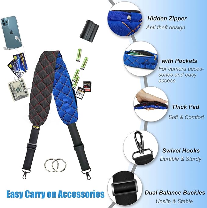 LONPAI Ultra Comfortable Camera Strap with Pockets and Thick Padded for Photographers, Adjustable Universal Cam Neck Belt