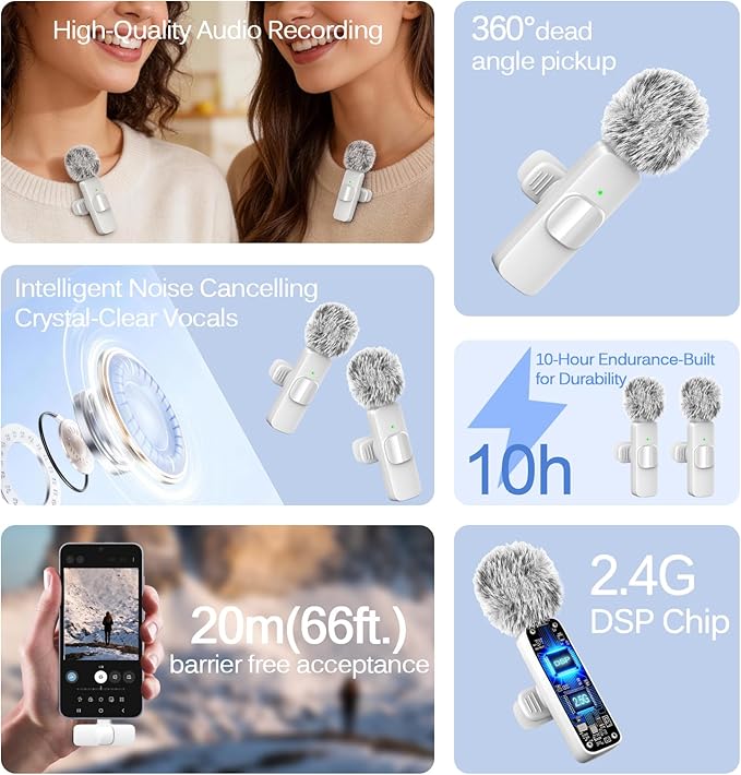 White Wireless Lavalier Microphone for iPhone & Android - Mini Clip-On Mic with Noise Cancellation 2 Pack Lapel Mic Plug and Play Wireless Mic for Video Recording Interview Podcast Vlog YouTube