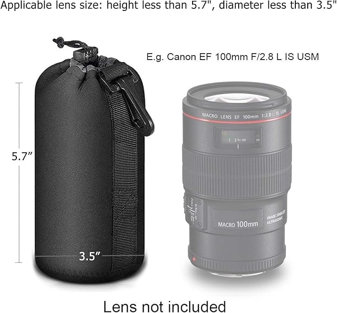 Selens Protective Drawstring Neoprene DSLR Camera Lens Pouch Bag Compatible with Olympus Panasonic, Large Size(Black)