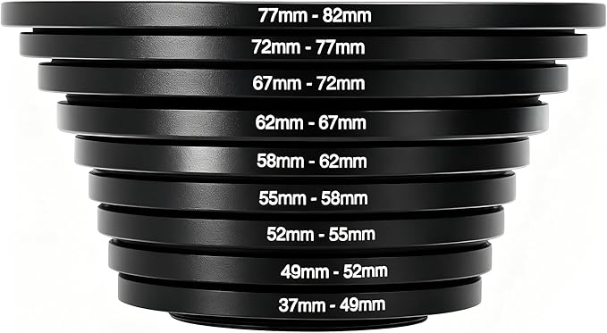 37-82mm Step Up Ring Adapter Filter, Metal Camera Lens Filter Adapter Ring Set Universal Black Stepping Rings Fits 37mm Lens to 82mm UV/CPL/ND Filters (9PCS Step Up Rings(37-82))