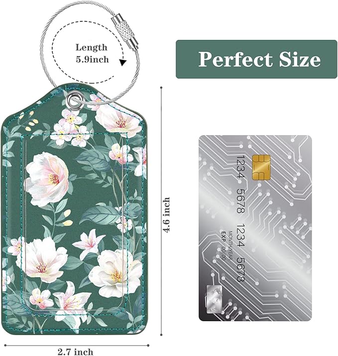 (Set of 2) Luggage Tag Leather Privacy Cover ID Label Address Card with Stainless Steel Loop, Travel Bag Tags Suitcase Labels, Alpine Green