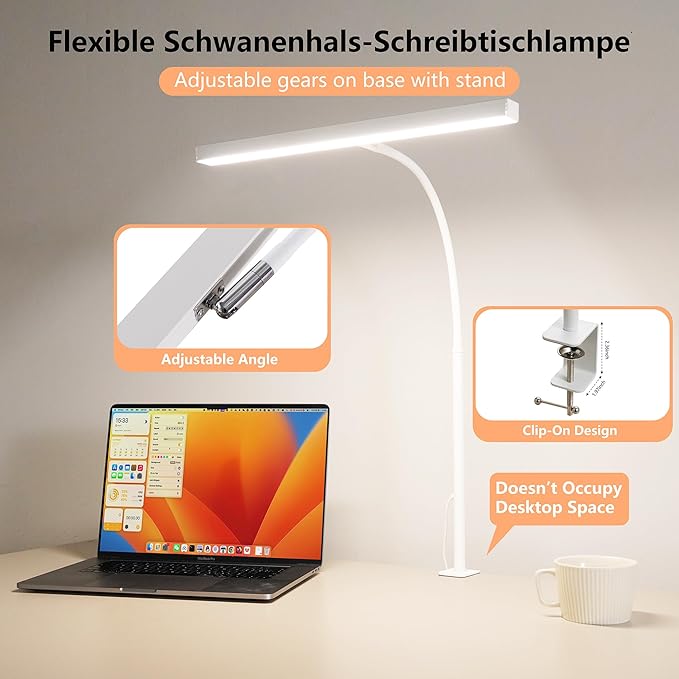 LED Desk Lamp for Office Home, Adjustable Flexible Eye-Caring Desk Light with,5 Modes 10 Brightness Adjustment, USB Adapter Desk Lamp with Clamp-T-W