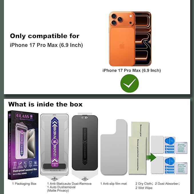 SHANG PIN JIA 2 Pack Matte Privacy Screen Protector for iPhone 17 Pro Max 6.9-Inch Auto Dust Removal, No Bubbles,Anti-Spy Tempered Glass Film, Easy Installation