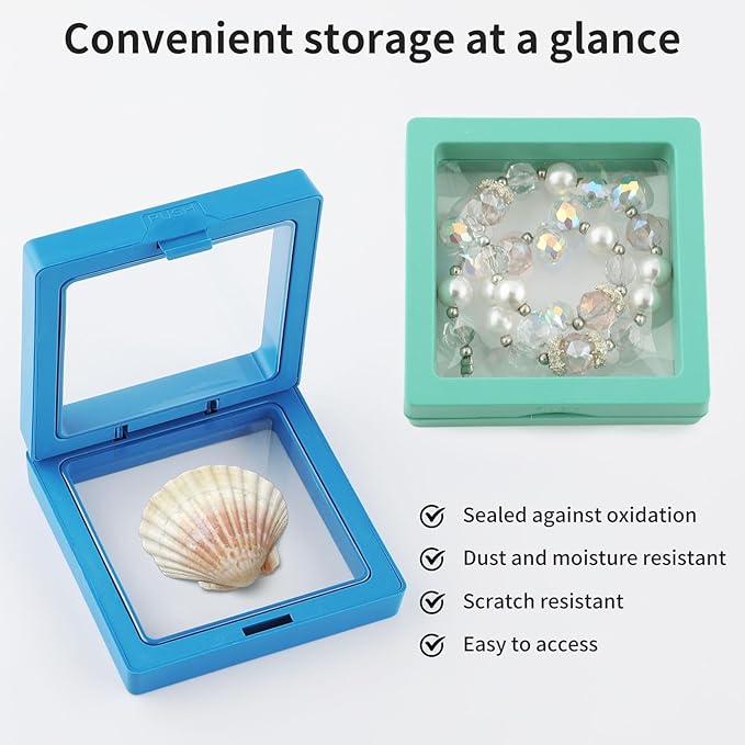 20 Pcs Seashell Holder, 3D Floating Display Box 2.7 x 2.7 Inches, Transparent Display Case for Sea Shell Collectibles, Jewelry, Rings, Crystal, Badges, Coastal Decor (Blue White Mint Sky Blue)
