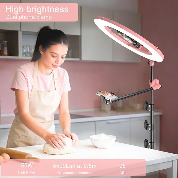 55W18 45cm Ring Light Kit [New Version] 6700K Dimmable LEDRinglightTripod Stand Dual Phone Holder for iPhone Selfie Makeup LashTattoo Studio Lighting Painting,Photo Video Recording (Pink)