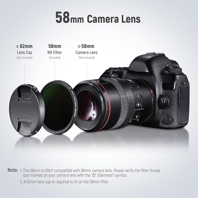 NEEWER 58mm HD Variable ND Filter ND2-ND32 (1-5 Stops) No X Cross/Optical Glass/30 Layer Nano Coated/Ultra Slim Aluminum Alloy Frame/Water Repellent/Anti Scratch Adjustable Neutral Density Filter