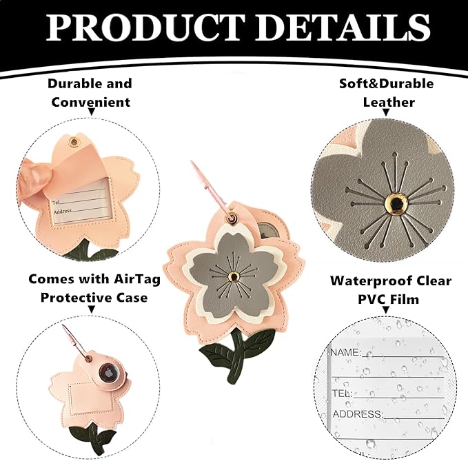 Cute Leather Luggage Tag Holder with Airtag Case Set,Hidden Compartment for AirTag Travel Suitcase Tracking Case with Stainless Steel Loop,Name ID Label(Grey Cherry Blossoms)