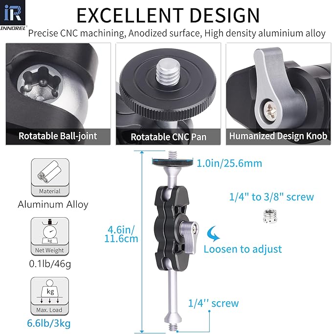 Magic Arm INNOREL M1 Universal Adjustable Aluminum Alloy Magic Arm with Dual Ball Head Articulating 1/4" Screw on Both Ends for Tripod/LED Light/LCD Monitor/Microphone/Phone Clip Load 6.6lb/3kg