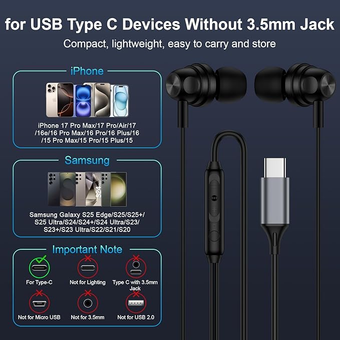 Pixel Wired Earbuds USB C for Google Pixel 10 Pro XL/Fold,10 Pro,10,9a,9 Pro XL,9 Pro Fold,9,8a,8Pro,8,7a,7Pro,7,6a,6,5a,5,4a,4XL,3a,3XL,3,2XL,2,USBC in-Ear Headphones Type C Wired Ear Buds Earphones