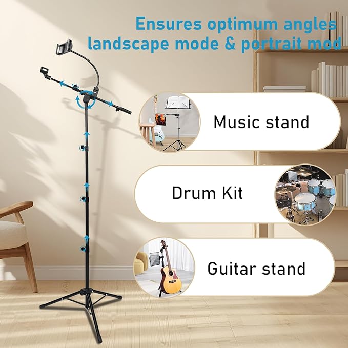 GUITTO Microphone Floor Stand with Phone/Tablet Holder, Adjustable Boom Mic Stand with Heavy-Duty Base, Dual Device Mount for Streaming, Podcasting, Recording, and Live Performances GMS-04