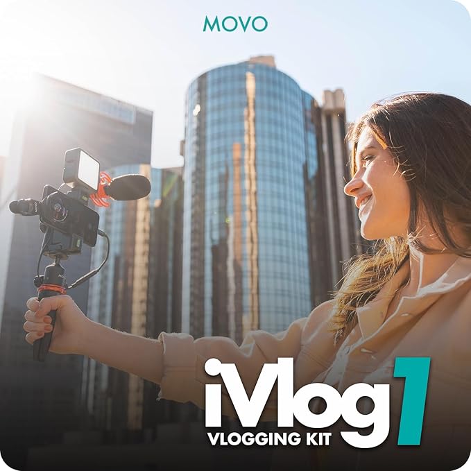 Movo iVlog1 Vlogging Kit - iPhone Lightning Compatible YouTube Starter Kit - Shotgun Microphone, Mini Tripod, LED Light, Wide-Angle Lens, Lightning Adapter