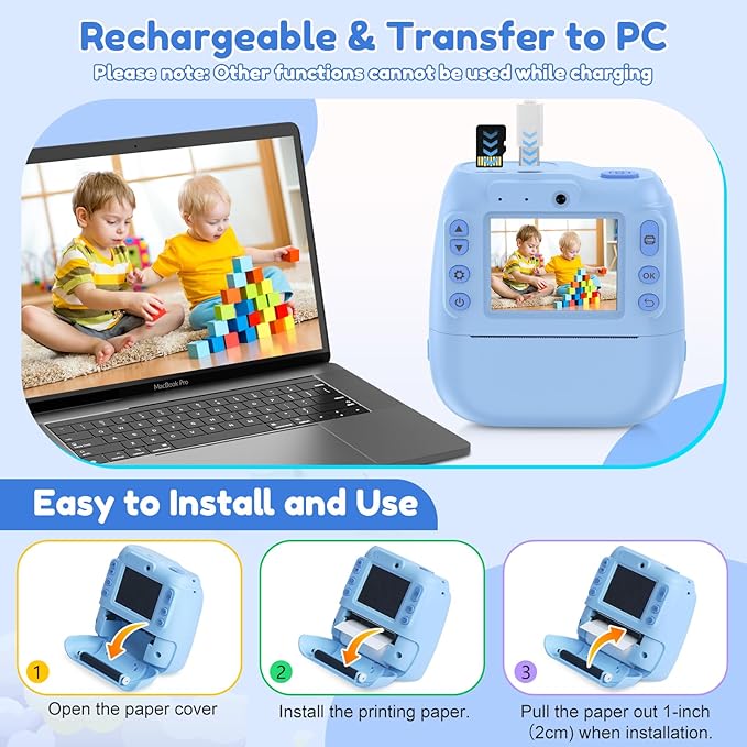 Kids Camera Instant Print, 2.4 Inch Screen Kids Instant Cameras, 1080P Video Recording, Christmas Birthday for Girls Age 3-12, with 3 Rolls Print Paper & 32GB Card, Blue