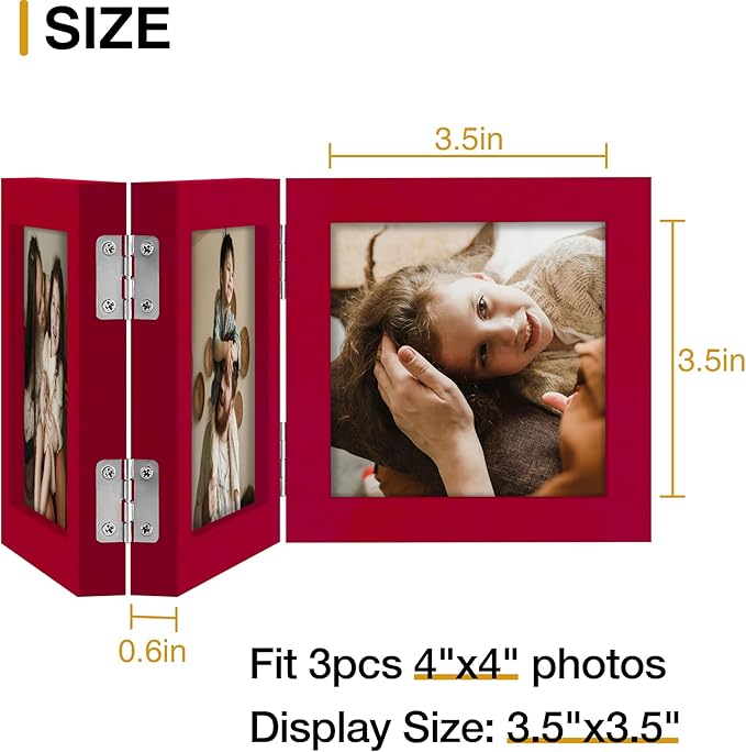 decorUhome Triple 4x4 Picture Frame Vertical, Engineered Wood Trifold Photo Frame with Plexiglass for Tabletop Display, 4x4, Red