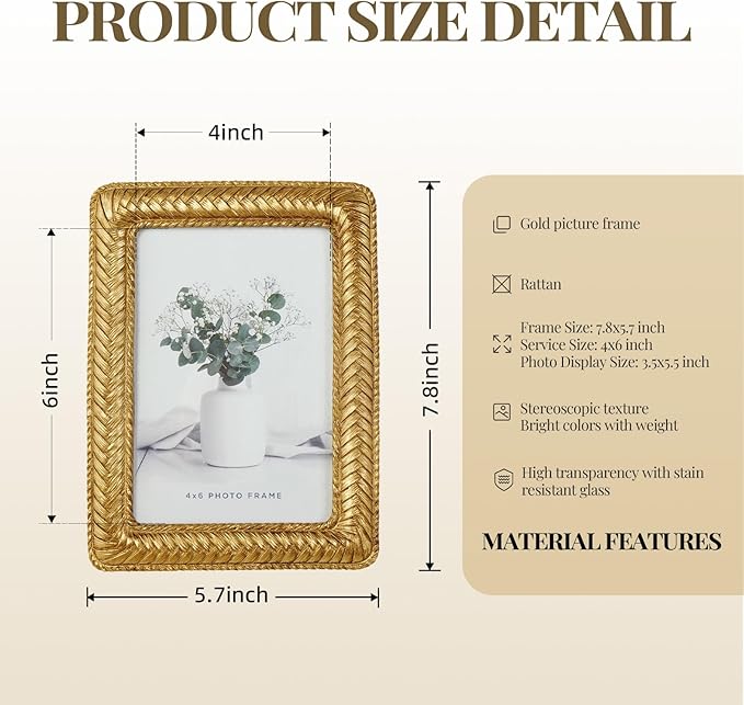 Cuspin Gold 4x6 Picture Frame, Ornate Decorative Rattan Resin Photo Frame, Gold Frames Braided Design for Tabletop Display or Wall Hanging, Elegant Home Decor