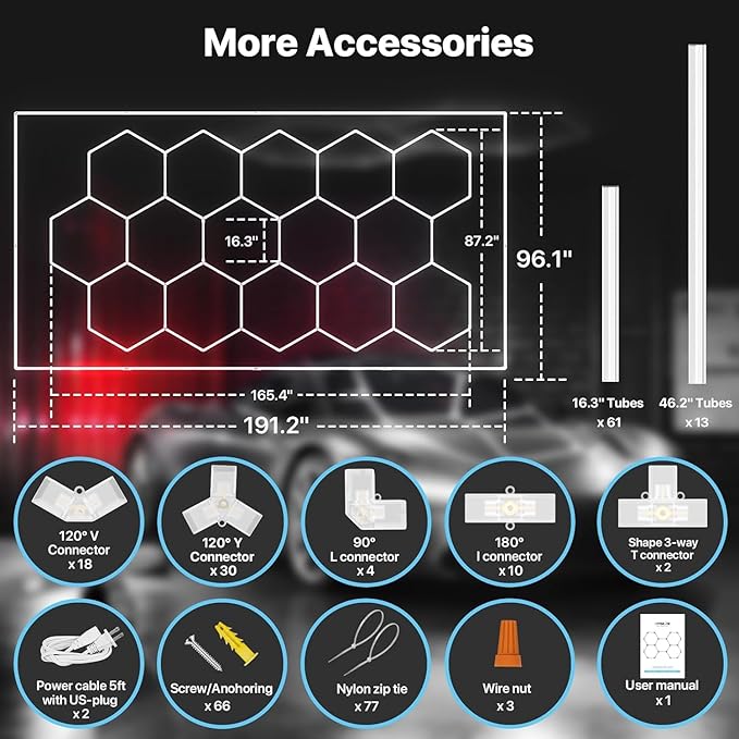 HYPERLITE Gen 2 Hexagon Garage Lights: 15 Grids with Border DIY Hexagon Led Lights, 6500K Ultra Bright, Easy Install Hex Light, Durable Design for Garage, Car Detailing, Workshops, Gym(Blue)