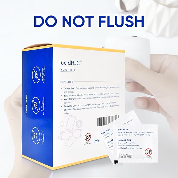 LucidHJC lens wipes for eyeglasses/camera lenses ,and screens of cellphones/ laptops /computers .Cleaning spots or dirts. Wrapped individually paper wipes, Count 200