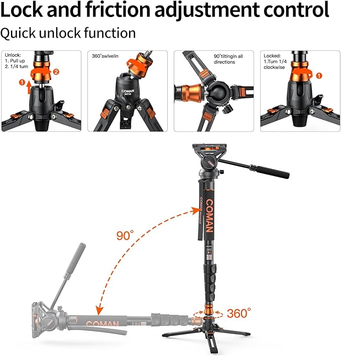 Monopod for Camera, COMAN Camera Monopod with Feet Q6 Fluid Head with Tripod Stand 71.25 inch Max Load 22 Lbs for Photography, Cameras, Canon, Nikon, Sony, DSLR, Video Camcorder