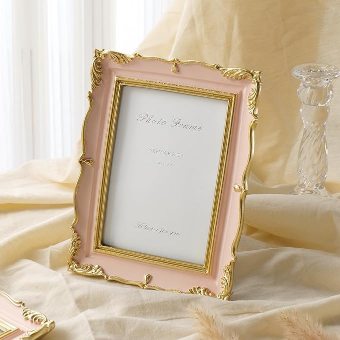 Cuspin 4x6 Vintage Picture Frame Pink and Gold Frame, 4 by 6 Photo Frames Ornate Textured Hand-Crafted Resin with Glass Front for Tabletop Display and Wall Hanging, Retro Design Home Decor