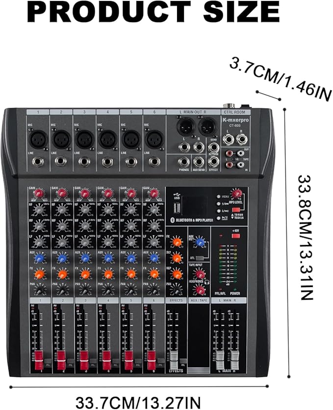 6 Channel Professional Audio Mixer Console Sound Board with 48V Phantom Power,USB Audio Interface for Live Show,Streaming Recording Music Stage Karaoke